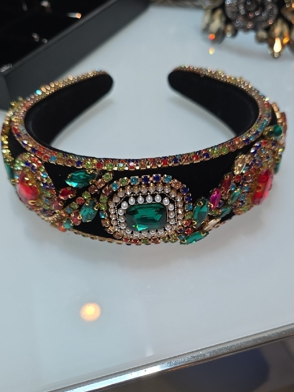 Embellished Black Velvet Headband with Emerald Crystal Accents
